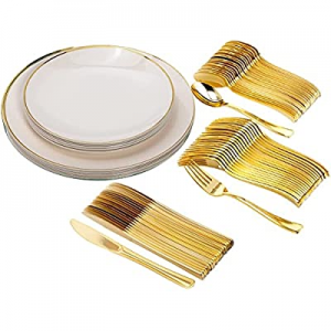 One Day Only！30.0% off Trendables Disposable Plastic Plate Set with Cutlery Ivory 200 Ct Serves 40..