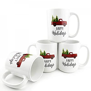 One Day Only！Winder Coffee Mugs Set of 4 with Red Truck Decor 16 OZ Large Heavy Porcelain Coffee M..