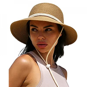 One Day Only！FURTALK Womens Wide Brim Sun Hat with Wind Lanyard UPF Summer Straw Sun Hats for Wome..