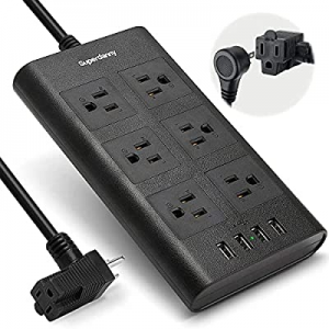 SUPERDANNY Flat Plug Power Strip, 15A Piggyback Plug Surge Protector with USB, 9.8ft Extension Cord 