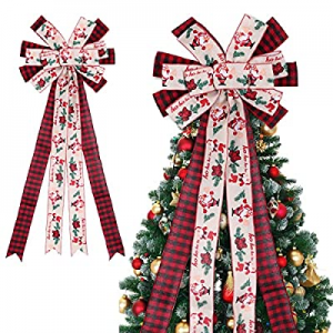 Christmas Tree Topper Bow, 29 Inch Long Ribbon Rustic Tree Topper, Red Beige Large Buffalo Plaid Xma