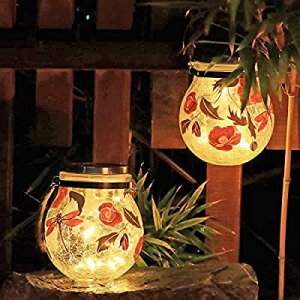 Hanging Solar Outdoor Lanterns Waterproof Crackle Glass Solar Outdoor 30 LED Lights Garden Dragonf..