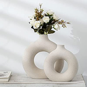 One Day Only！Leicofay Ceramic Hollow Donut Vase Set of 2 now 10.0% off , Off White Vases for Decor..