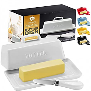 Ceramic Butter Dish Set with Lid and Knife - [White]- Decorative Butter Stick Holder with Handle f..