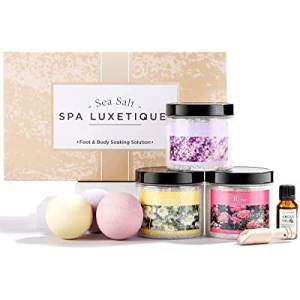 Bath Salts, Spa Luxetique 8pcs Bath Salts Gift Set with Argan Oil, Bath Bombs, Wooden Scoop, Epsom S