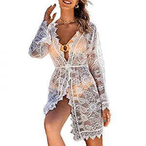 30.0% off CUPSHE Women Lace Beach Cover Up Dress Deep V Neck Summer Vacation Backless Long Sleeve ..