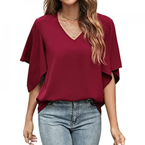 One Day Only！45.0% off GOORY Womens Summer Tops Casual Ruffle Split Short Sleeve Shirts V Neck Chi..