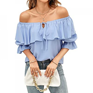 One Day Only！45.0% off GOORY Womens Off Shoulder Tops Casual Summer Ruffle Chiffon Blouses 3/4 Bel..