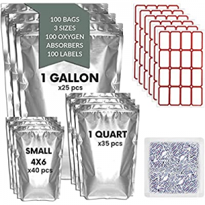 100 MYbag Mylar Bags for Food Storage 5 Mil Thick With Oxygen Absorbers 300cc + Labels - Variety Pac