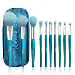 YUWAKU Make Up Brush Set, 10 Piece Soft Peacock Blue Makeup Brushes Portable Kabuki Liquid Cream Bru