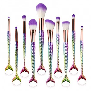 Mermaid Makeup Brush Set, 10Pcs Premium Synthetic Professional Makeup Brushes Foundation Angled Cout
