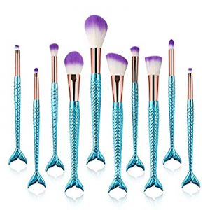 Mermaid Makeup Brushes, 10PCs Professional Premium Makeup Brush Set Foundation Powder Eyeshadows Ble