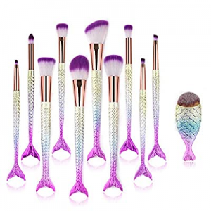 Makeup Brush Set 11pcs, Premium Synthetic Mermaid Make Up Brushes for Blush Highlight Concealer Fan