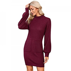 60.0% off KOJOOIN Women&#39;s Mock Turtleneck Drop Shoulder Puff Long Sleeve Pullover Sweater Dres..