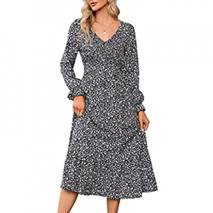 65.0% off KOJOOIN Women's V Neck Puff Long Sleeve Smocked Midi Dress Casual Floral Print High ..
