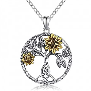 20.0% off Sunflower Necklace 925 Sterling Silver Celtic Knot Necklace Tree of Life Pendant Sunflow..