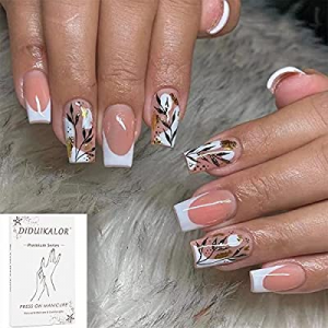 Fall Press on Nails Short Acrylic Fake Nails French Tip White False Nails with Desings Square Glue o