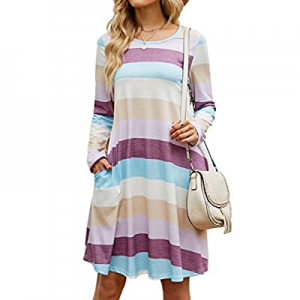40.0% off BLUEMING Women’s Casual Fall Multicolor Striped Print Long Sleeve T Shirt Dress Loose Tu..