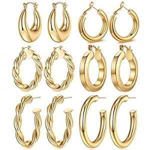 925 Sterling Silver Post 14K Real Gold Plated Chunky Hoop Earrings Set for Women now 55.0% off , H..