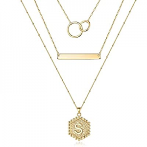 Layered Initial Necklaces for Women now 70.0% off , 14K Gold Plated Dainty Infinity Circles Bar He..