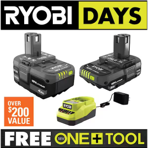 RYOBI ONE+ 18V 锂离子入门套件，带 2.0 Ah 电池、4.0 Ah 电池和充电器