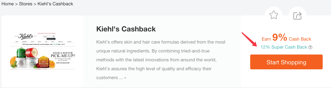 If you pay $100 at Kiehl's and the cash back rate is 9% If you pay $100 at Kiehl's and the cash back rate is 9%