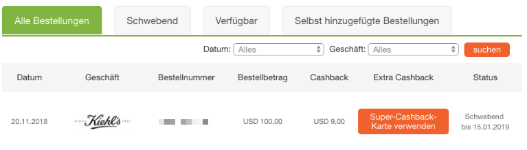 Wählen Sie eine Ihrer Bestellungen aus und klicken Sie auf den Druckknopf "Super-Cashback-Karte verwenden". Wählen Sie eine Ihrer Bestellungen aus und klicken Sie auf den Druckknopf "Super-Cashback-Karte verwenden".