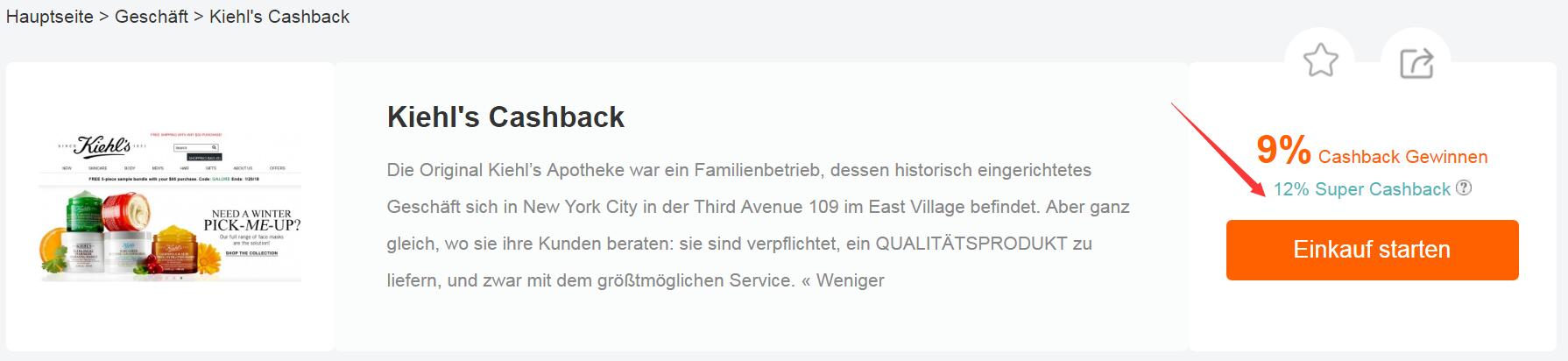 Wenn Sie bei Kiehl's $100 zahlen und die Cashback-Rate 9% beträgt Wenn Sie bei Kiehl's $100 zahlen und die Cashback-Rate 9% beträgt