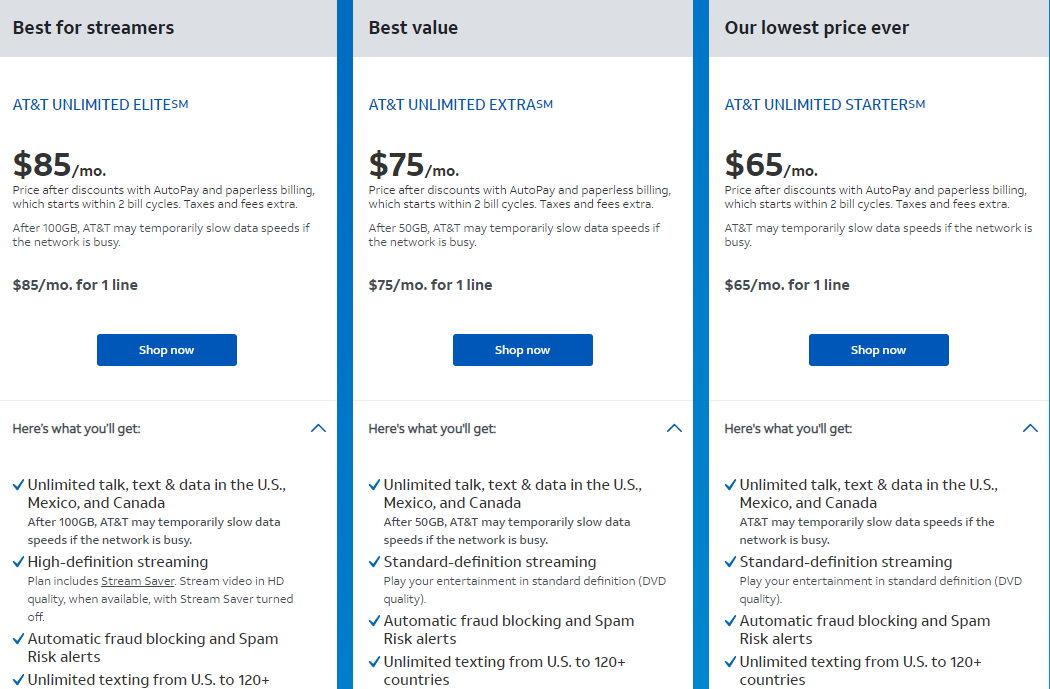 AT&T个人手机无限流量套餐