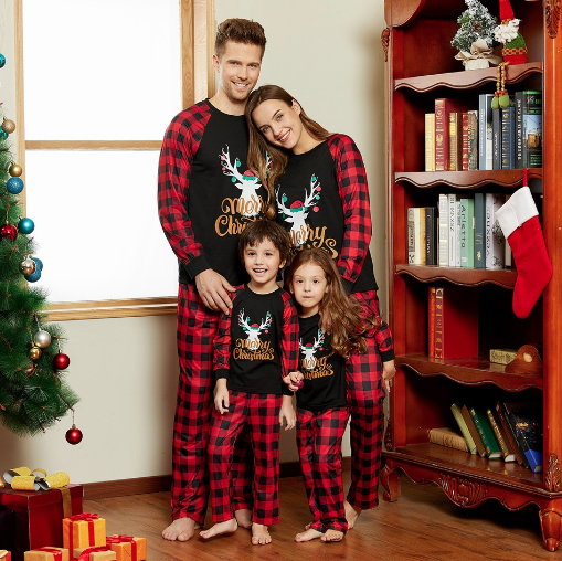 Christmas Letters and Antlers Print Family Matching Long-sleeve Plaid Pajamas Sets (Flame Resistant)