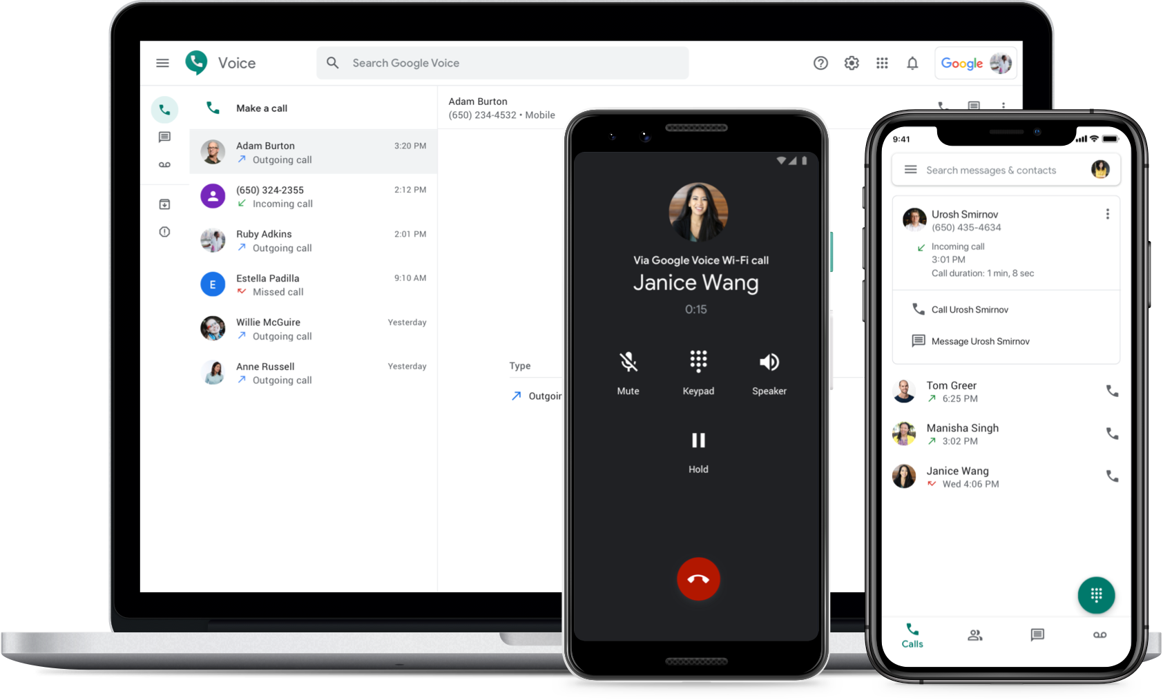 Image showing Google Voice on a laptop browser, android phone, and iPhone. Image showing Google Voice on a laptop browser, android phone, and iPhone.