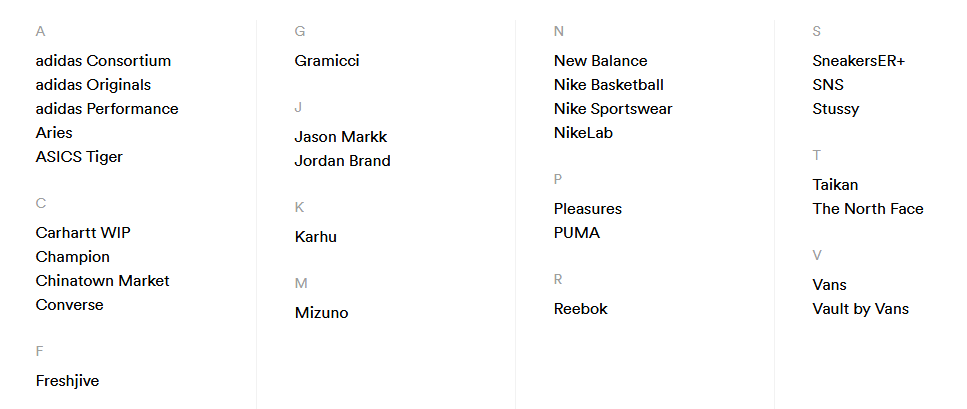 Sneakersnstuff上的球鞋品牌