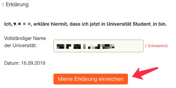 2.4 Geben Sie den Name der Universität ein und klicken Sie auf die Schaltfläche "Abgabe meiner Erklärung". 2.4 Geben Sie den Name der Universität ein und klicken Sie auf die Schaltfläche "Abgabe meiner Erklärung".