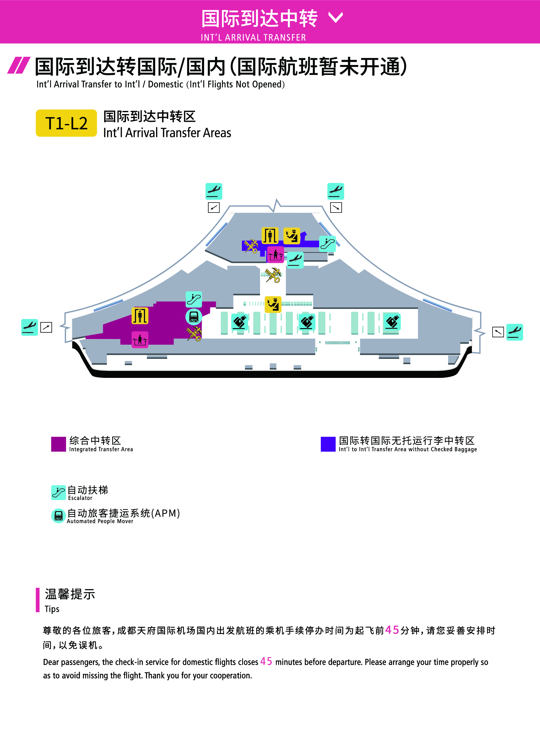 托运行李中转(国际/国内)流程示意图成都天府机场转机流程在t1和t2航