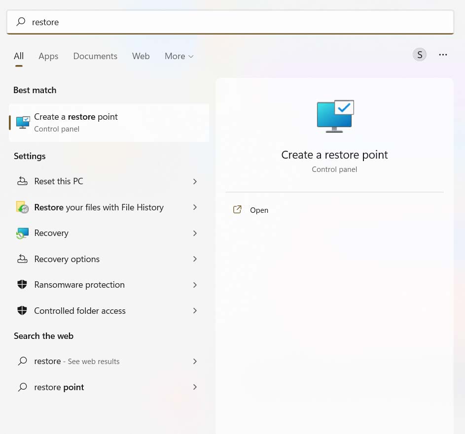在 Windows 搜索栏中键入还原