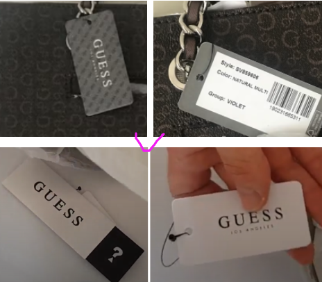 Real vs. good copy vs. bad copy Guess bag. How to spot fake Guess handbags.  