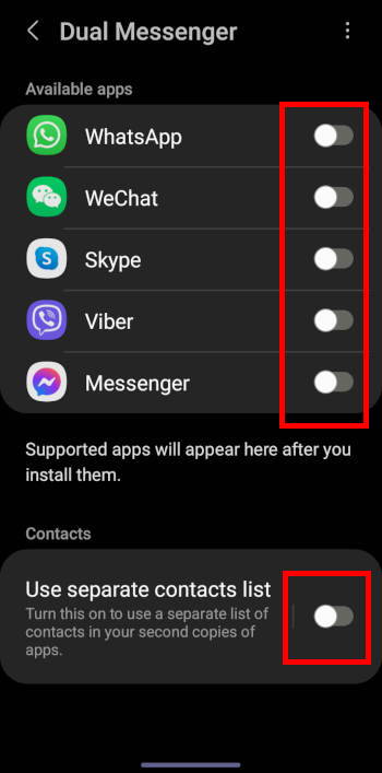 Dual Messenger 设置页面