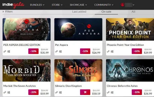 Indie Gala 商店提供游戏优惠和游戏捆绑包。